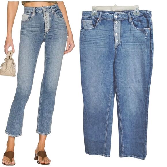 Paige High Rise Sarah Jeans Sz 32 Straight Ankle Contrast Denim Magda Button Fly - Picture 1 of 14